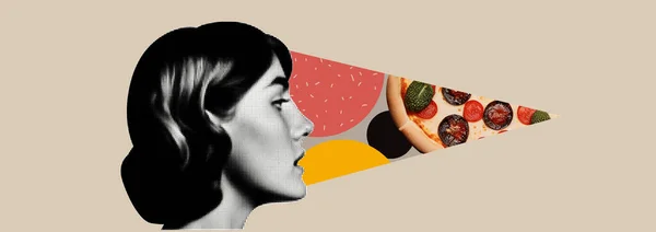 Collage Con Chica Pizza Figuras Abstractas Con Textura Ilustración Minimalista — Archivo Imágenes Vectoriales