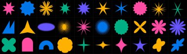Geometric figures in the style of brutalism. Trendy geometry. Crowns and stars and daisy flowers. Set with different shapes