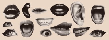 Serseri kolaj elementleri. Yarım ton tedavisinde gözler, dudaklar ve kulak. Retro dergi kupürleri. Vintage Vektör illüstrasyonu.