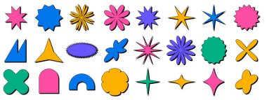 Geometrik figürler vahşet tarzında. Moda geometrisi. Taçlar, yıldızlar ve papatya çiçekleri. Farklı şekillerle ayarlanmış. ui ux ve sosyal medya için Neubrutalism vektör paketi ögeleri.