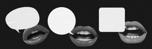 一套从杂志上剪下的黑白相间的唇裂的讲话泡泡 复古元素的设计 一个女人的尖叫 透明背景下的向量对象 如Png — 图库矢量图片