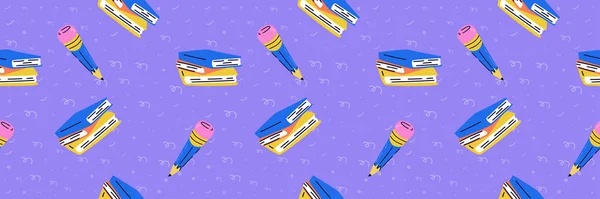 一个当代无缝模式与返校主题 紫色背景 铅笔和书籍 趋势矢量图解 学生横幅 — 图库矢量图片
