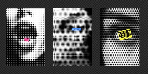 Листовки Фотографиями Полутоновом Стиле Фото Женщины Открытым Ртом Звездой Глаз — стоковый вектор