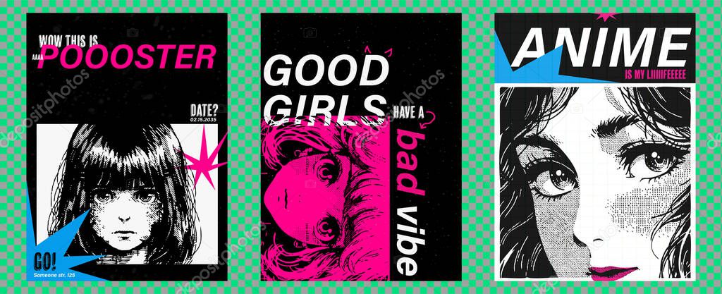 Poster design with a portrait of a girl in anime style. Pixel retro art. trendy bright pink color with doodles. Flyer set on transparent background
