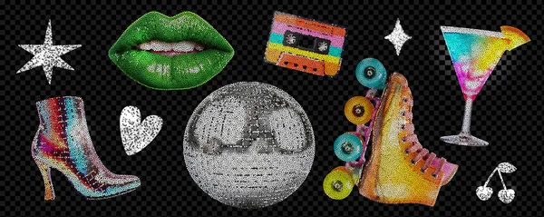 Disco Thema Collage Kit Heldere Retro Jaren Elementen Voor Rollerdrome Rechtenvrije Stockillustraties