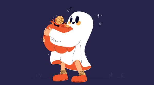 Joli Petit Fantôme Avec Citrouille Des Bonbons Astuces Friandises Enfant — Image vectorielle