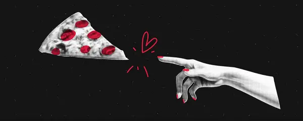 Handen Sträcker Sig Efter Pizzan Modern Trendig Illustration Halvtonseffekt Collage — Stock vektor