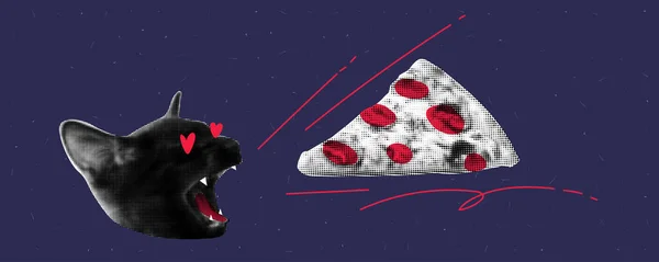 ピザを愛することをテーマにしたコラージュ 開いた口のある猫 ピザが口の中を飛んでいる 最小限のノイズでグラウンジの背景 ベクターハーフトーンイラスト — ストックベクタ