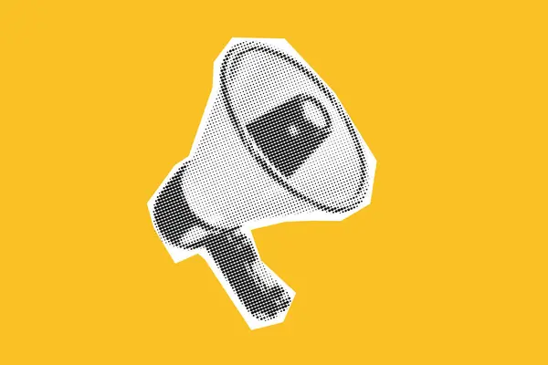 Loudspeakers Collage Megaphones Vibrant Yellow Background Vector Halftone Illustration Grunge — Stock Vector