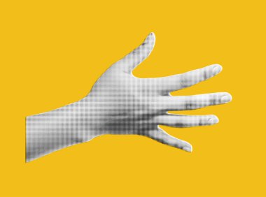 Yarım ton efektli kolaj eli. Kesilmiş kağıt. El hareketi çak bir beşlik. Vektör modern çizim. Vektör illüstrasyonu. 