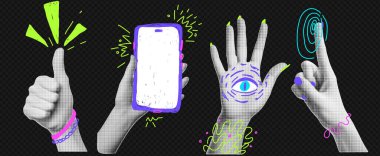 Collage element with funky doodle on transparent bg like png. Vintage vector set. Retro halftone effect. The gesture of hold phone, okay,, high five, touch screen clipart