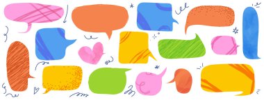 Bir grup çocuksu konuşma balonu ve modaya uygun karalama dokuları. Beyaz bg 'de izole edilmiş karalama çizimleri olan bir konuşma balonu. Kalın ve parlak vektör elementleri.