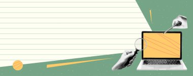 Ampul ve el tasarımlı yaratıcı konsept afişi. Fikir ve çözüm elementlerinin soyut arkaplanda kolajı. İş dünyasının beyin fırtınası için grafik çizimi.