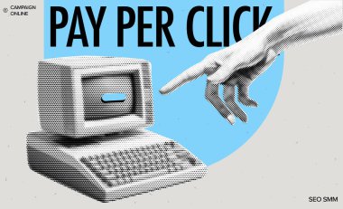 PPC ve ecommerce kavramlarını içeren yarım ton efektli popüler sanat kolajı. Eski ve soyut unsurlara sahip vektör pankartı, çevrimiçi ödeme, dijital finans ve pazarlamanın altını çiziyor