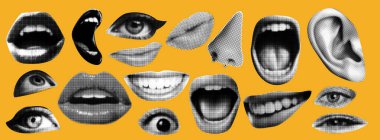 Grunge 'un Göz, Kulak, Burun ve Ağız Kolaçan Elementi koleksiyonu. Parlak Sarı Arkaplanda Yarıton Dokusuna sahip. Punk ve Y2K Stili Dergi Kağıt Biçimi