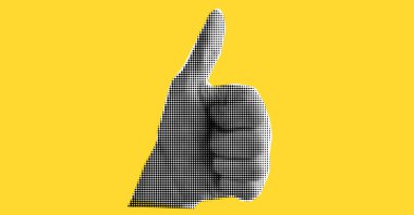 Collage cutout element with the finger up. Hand in gesture I like. Halftone effect, vector illustration on yellow background. clipart