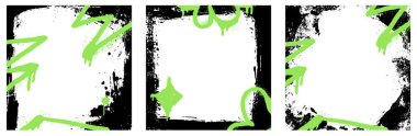 Spray graffiti green element rough paint. Vector abstract frame set with black graphic on grungy paper background clipart