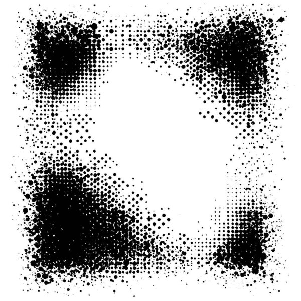 Векторная гранжевая рамка с полуточечным градиентом и грубой текстурой. Эффект черно-белой капельницы с выцветшими краями и зернистым накладыванием