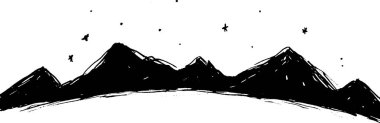 Yıldızlı bir gökyüzünün altındaki dağların minimalist siyah beyaz çizimi. Dağlar, üstlerine saçılmış yıldızlarla dolu, pürüzsüz ve biçimlidir..