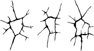 Beyaz arka planda üç soyut siyah çatlak deseni var. Farklı şekil ve boyutlarda çatlaklar var..