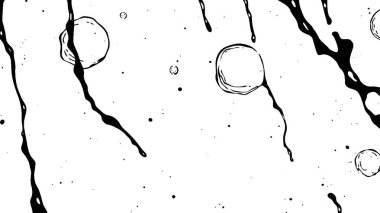 Çembersel şekilleri etrafa saçılmış mürekkep ya da boyaya benzeyen su damlacıklarının yer aldığı soyut bir siyah beyaz çizim..