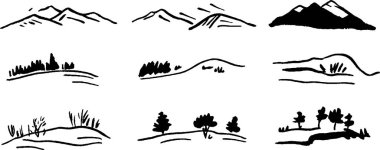Dağlar, tepeler ve ağaçların yer aldığı basit siyah beyaz manzara çizimleri. Tasarımlar stil ve kompozisyonda farklılık gösteriyor, doğal manzara sergiliyor..
