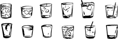 Çeşitli içki bardaklarının el çizimleri, bazıları buzlu, bazıları boş veya sıvı ile doldurulmuş, farklı şekil ve stilleri gösteren bir koleksiyon..