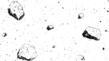Uzayda yüzen, küçük kaya ve parçacıklardan oluşan dağınık bir arka planı olan çeşitli asteroitlerin siyah ve beyaz çizimi..
