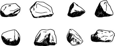 Çeşitli şekil ve boyutlarda sekiz el yapımı taş koleksiyonu, farklı dokular ve gölgeleme teknikleri sergiliyor..