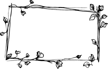 Sarmaşıklar ve çiçeklerden oluşan el yapımı dekoratif bir çerçeve. Çerçeve, köşelerinde ve köşelerinde narin çiçek unsurları bulunan siyah bir çerçeveyle özetlenerek metin ya da yazı için zarif bir sınır oluşturur.