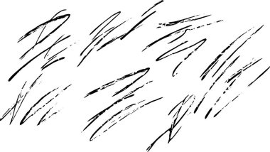 Beyaz bir zemin üzerinde çeşitli dinamik ve anlamlı çizgiler gösteren soyut siyah fırça darbeleri koleksiyonu. Sanatsal tasarım ve altyapı için ideal.