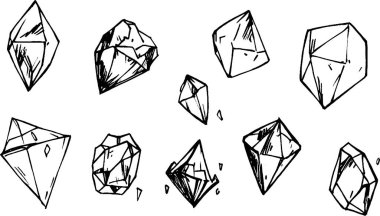 Çeşitli geometrik kristallerin ve değerli taşların el yapımı çizimleri. Farklı şekil ve açıları gösteriyor..