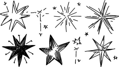 Tasarlanmış ve doldurulmuş tasarımlar da dahil olmak üzere çeşitli şekillerde el çizimi yıldız çizimleri koleksiyonu. Yıldızlar şekil ve boyut olarak farklılık gösterir, kaprisli ve sanatsal yetenekler sergilerler..