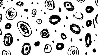 Beyaz arka planda soyut siyah ve beyaz dairesel şekiller içeren kusursuz bir desen. Tasarım, çeşitli boyutlarda ve daireler içeriyor, oyuncu ve sanatsal bir görünüm yaratıyor..