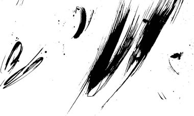 Siyah fırça darbelerinden oluşan soyut bir kompozisyon ve beyaz arka plana sıçrıyor, dinamik ve enerjik bir görsel etki yaratıyor..