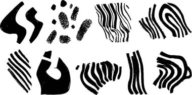 Çeşitli şekil ve dokulara sahip soyut siyah ve beyaz desenlerin bir derlemesi. Tasarımlar arasında dalgalı çizgiler, noktalar ve organik formlar var, görsel olarak dinamik bir kompozisyon oluşturuyorlar..