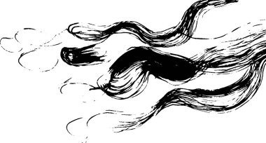 Siyah beyaz dalgalı çizgilerin, duman veya saçlara benzediği soyut bir illüstrasyon. Tasarım dinamik ve akışkandır, hareket hissi yaratır..