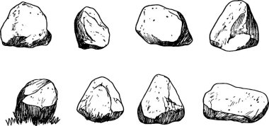 Çeşitli şekil ve boyutlarda elle çizilmiş taşlar koleksiyonu. Dokularını ve hatlarını sergiliyorlar. Kayalar, doğal formlarını vurgulayan siyah beyaz çizilmiş..