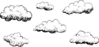 Beyaz bir zemin üzerine kurulmuş çeşitli boyutlarda ve şekillerde el yapımı bulutlar. Bulutların üstünkörü, sanatsal bir tarzı var, tuhaf bir his veriyor..