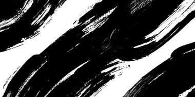 Beyaz zemin üzerinde koyu siyah fırça darbeleri içeren dinamik bir soyut desen çarpıcı bir kontrast ve hareket hissi yaratır..