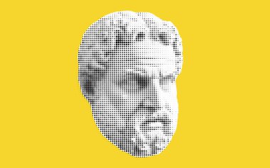 Parlak sarı bir arkaplan üzerine kurulmuş nokta desenli bir erkek yüzü tasviri. Yüzün belirgin özellikleri olan ciddi bir ifadesi vardır..