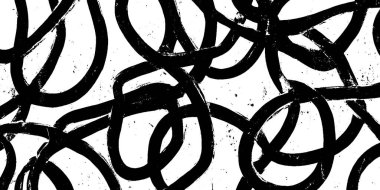Kaotik, üst üste binen döngü ve çizgilerden oluşan soyut bir siyah beyaz desen hareket ve karmaşıklık hissi yaratıyor..