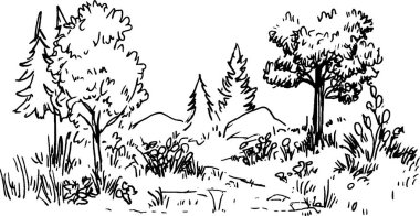 Ağaçlar, çalılar ve kayalık tepelerin yer aldığı sakin bir manzaranın el çizimi. Olay yeri detaylı yeşillik ve doğal ortam ile özetlenmiş..