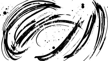 Beyaz zemin üzerinde sıçramalar olan soyut siyah fırça darbeleri dinamik ve sanatsal bir kompozisyon oluşturur..