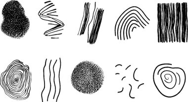 Noktalar, dalgalı çizgiler ve spiraller dahil olmak üzere soyut siyah ve beyaz çizgi desenleri ve dokuların bir derlemesi, ızgara biçiminde düzenlenmiştir..