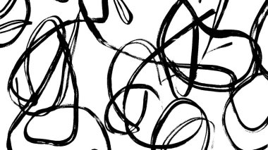 Beyaz zemin üzerinde koyu siyah çizgiler ve şekiller barındıran soyut bir kompozisyon dinamik ve enerjik bir görsel etki yaratır..