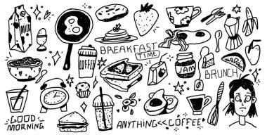 Karalamalar hazır. Kahvaltı hakkında karalamalar yap. Kafe menüsü için yemek ikonları. İtalyan pikniği için karalama çizimleri. Kalem dokusu ile vektör modayı illüstrasyonu