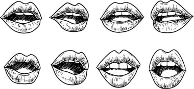 Çeşitli pozisyonlarda farklı ifadeler ve hareketler sergileyen el yapımı dudak koleksiyonu. Resimler siyah-beyaz, dudakların dış hatlarını ve dokularını vurguluyorlar..