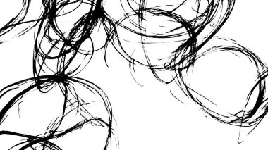 Beyaz arka planda kaotik, kıvrımlı çizgiler ve dairesel şekiller içeren soyut siyah ve beyaz çizimler.