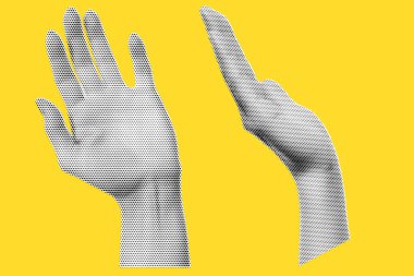 Sarı arka planda kolaj tedavisi için yarım ton verin. El, yan bakış, sanki bir şey tutuyormuş gibi, merhaba jest, vektör modayı illüstrasyonu pop sanatı gibi.